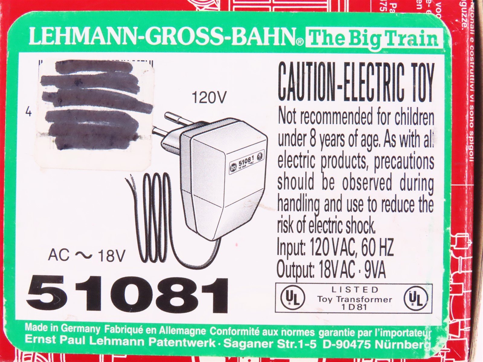LGB 51081 AC 18V 500mA Transformer / Power Supply