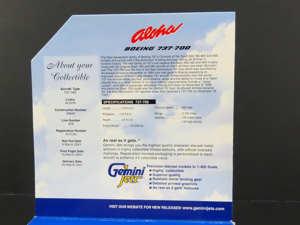 1:400 Scale Gemini Jets GJAAH285 Die-Cast Aloha Boeing B-737-76N Aircraft