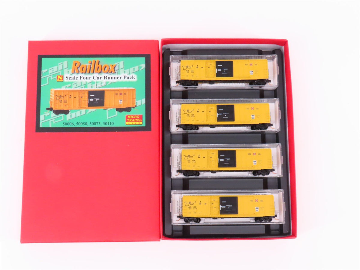 N Scale Micro-Trains MTL 99300097 ABOX Railbox 50&#39; Rib-Side Box Cars 4-Pack