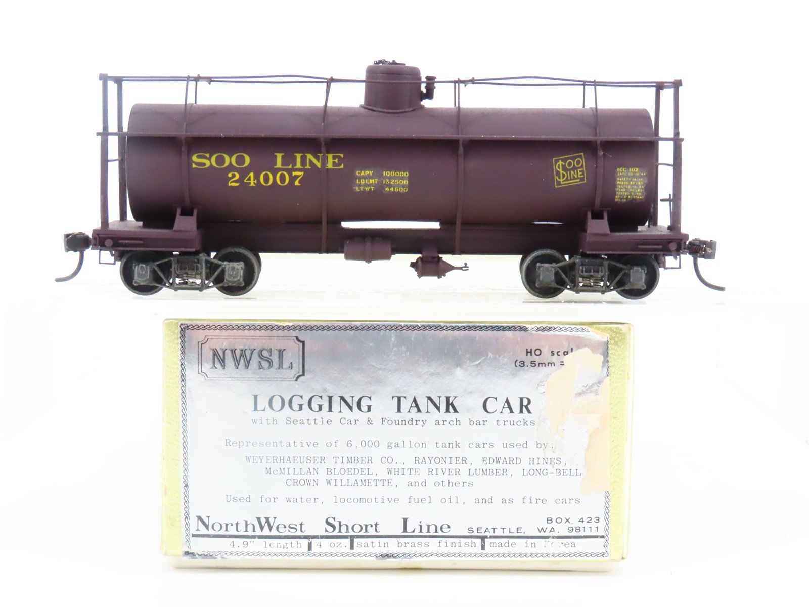 HO NorthWest Short Line NWSL BRASS SOO Line Single Dome Logging Tank Car -Custom