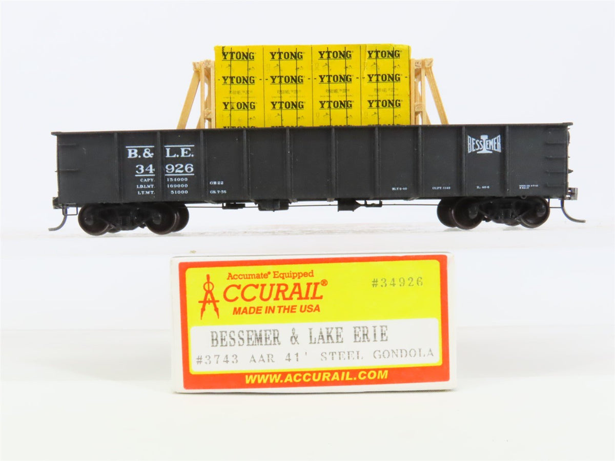 HO Accurail 3743 BLE Bessemer Lake Erie 41&#39; Gondola Car #34926 w/ Custom Load