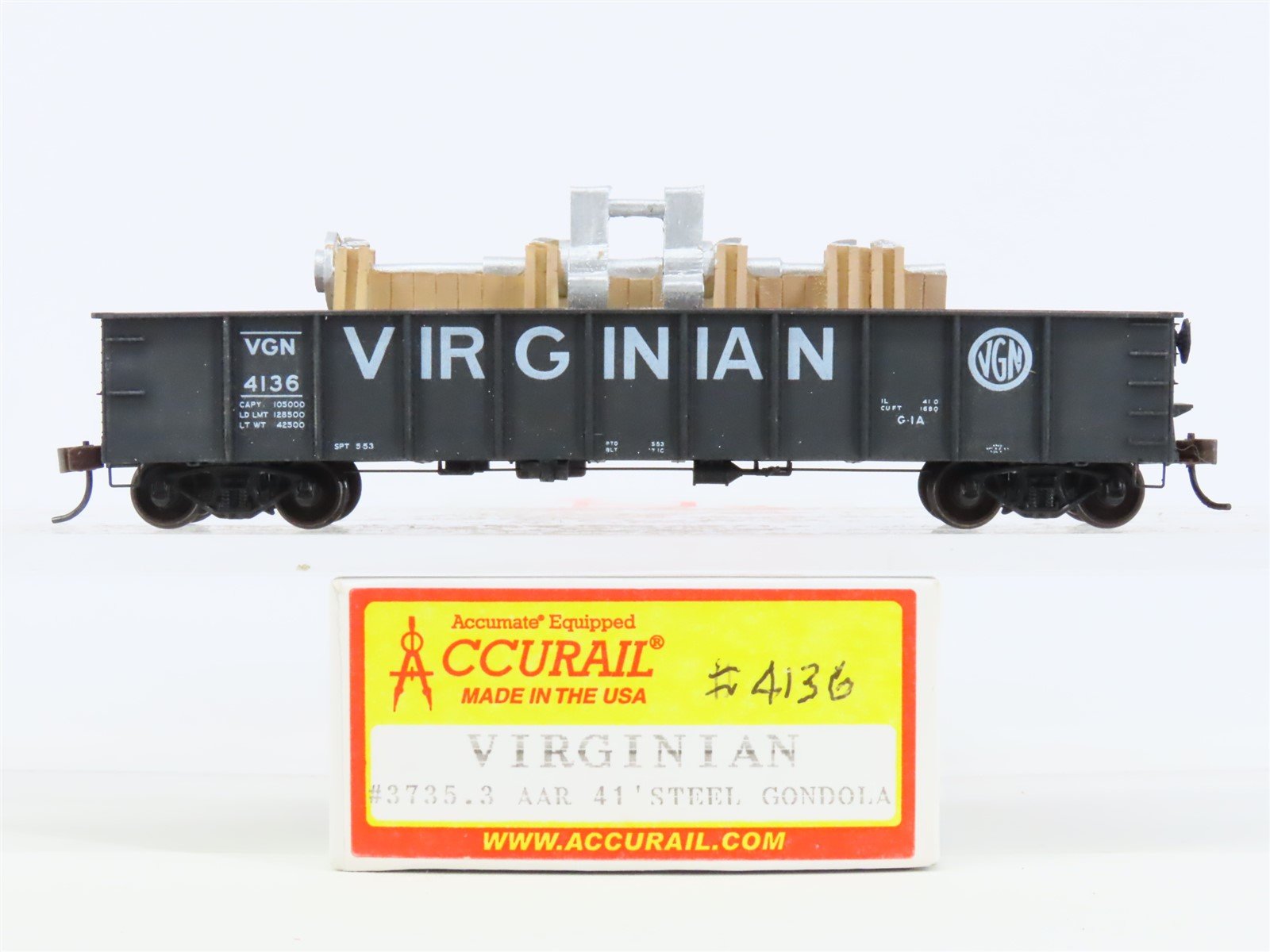 HO Scale Accurail 3735.3 VGN Virginian 41' Gondola Car #4136 w/ Custom Load