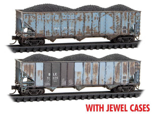 N Micro-Trains MTL 98305085 B&LE/ex-RI 3-Bay Hoppers 2-Pack w/ Load - Weathered