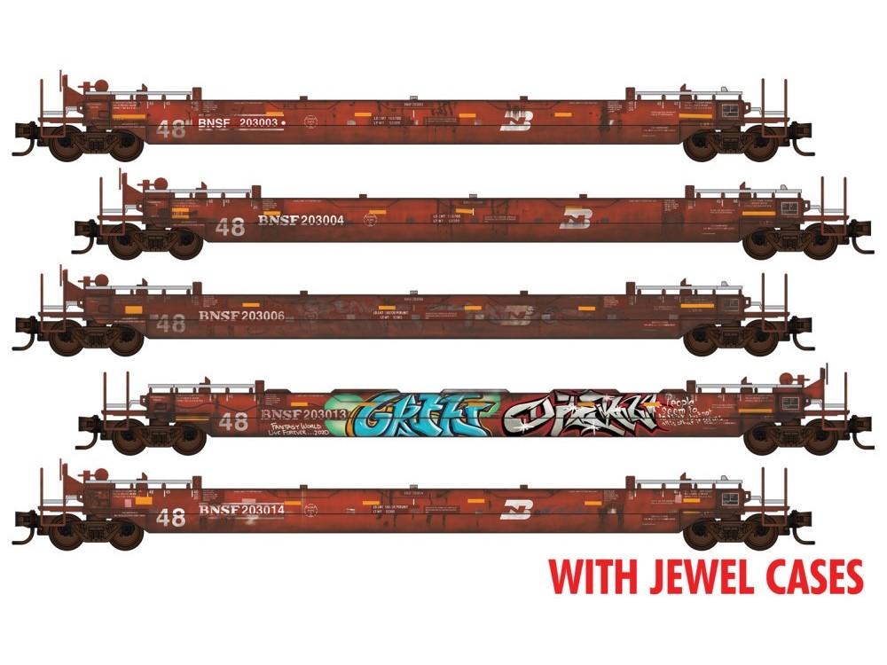 N Micro-Trains MTL 98302258 BNSF 70&#39; Husky Stack Well Cars 5-Pack w/ Graffiti