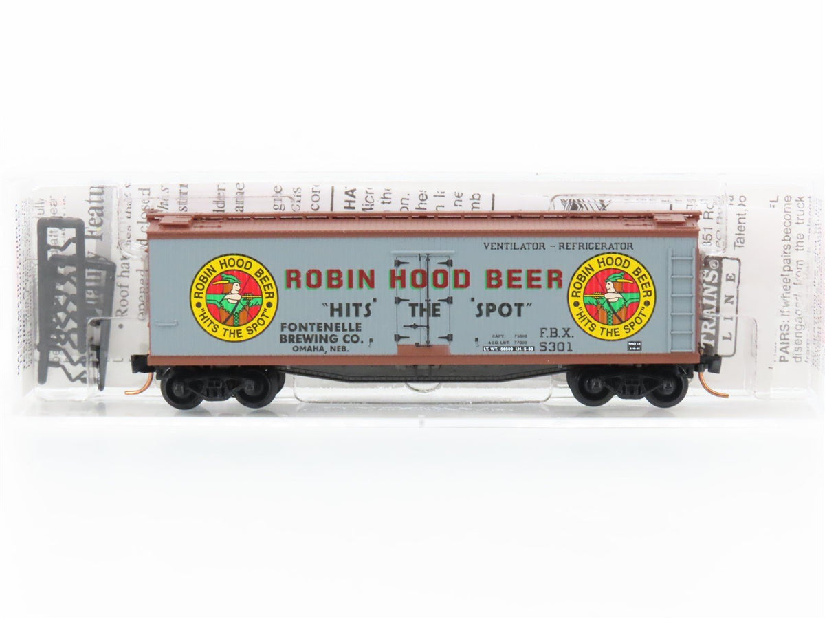N Micro-Trains MTL 49450 FBX Robin Hood Beer Hits the Spot 40&#39; Wood Reefer #5301