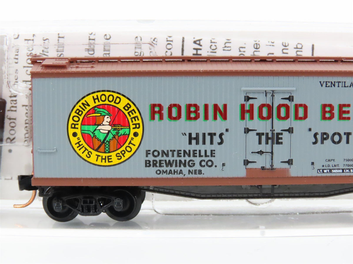 N Micro-Trains MTL 49450 FBX Robin Hood Beer Hits the Spot 40&#39; Wood Reefer #5301