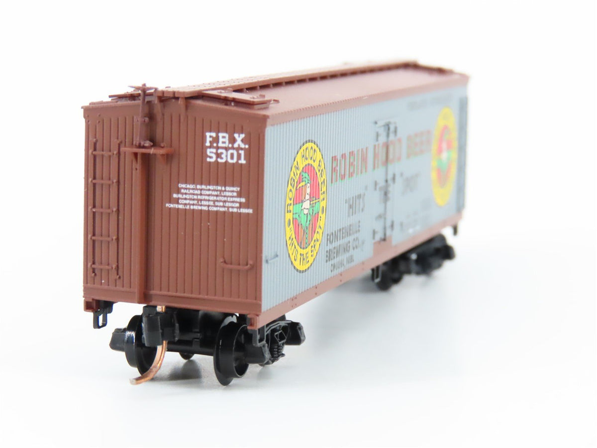 N Micro-Trains MTL 49450 FBX Robin Hood Beer Hits the Spot 40&#39; Wood Reefer #5301