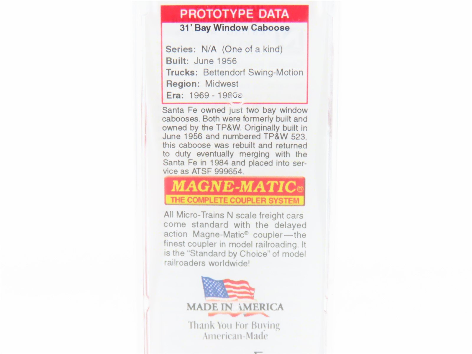 N Scale Micro-Trains MTL 13000100 ATSF Santa Fe Bay Window Caboose #999654