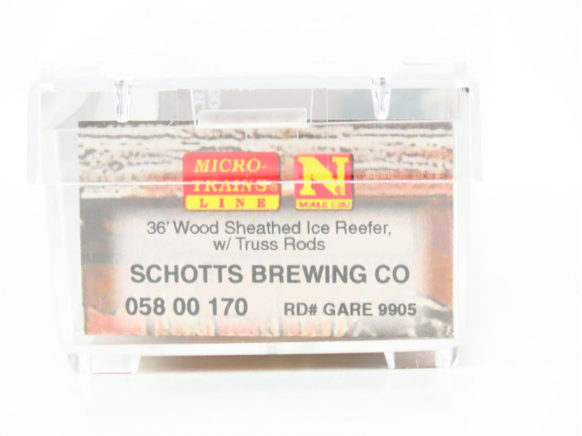 N Micro-Trains MTL 05800170 GARE Schotts Brewing 36&#39; Wood Ice Reefer Car #9905