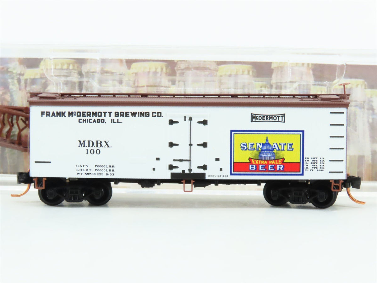 N Scale Micro-Trains MTL 05800546 MDBX Senate Brewing Co. 36&#39; Wood Reefer #100