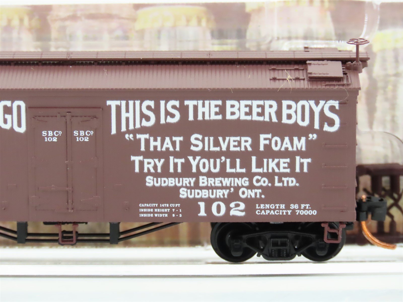 N Scale Micro-Trains MTL 05800180 SBCO Sudbury Brewing Co. 36' Wood Reefer #102
