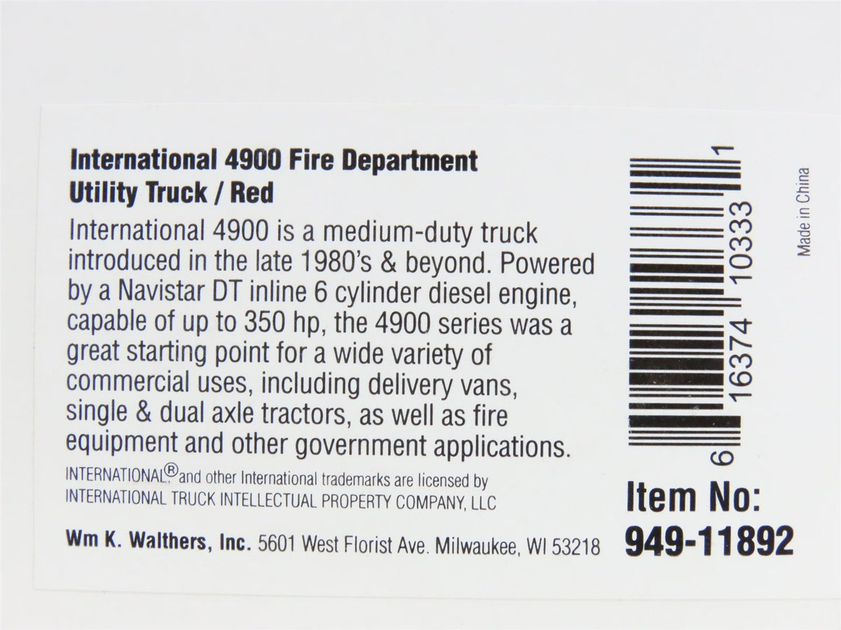 HO Scale Walthers 949-11892 International 4900 Fire Department Utility Truck
