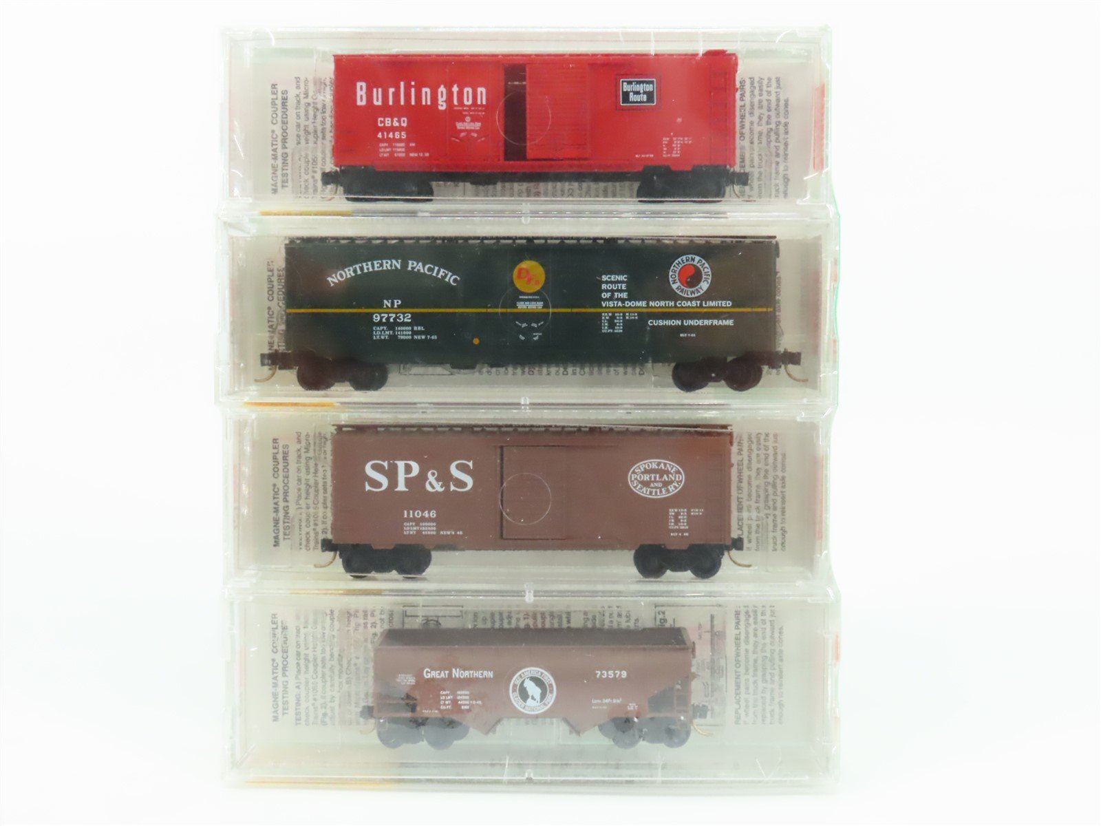 N Micro-Trains MTL 22102 SP&S/GN/NP/CB&Q Fallen Flags Freight 4-Pack - Sealed