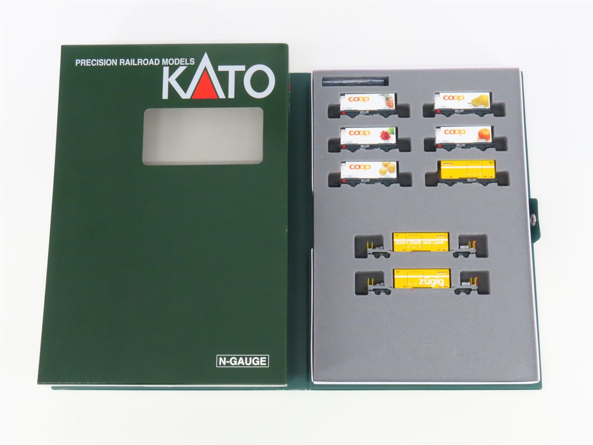 N Kato 10-1731 RhB Rhaetian Flat Cars 8-Unit Set w/ Mail &amp; Reefer Containers