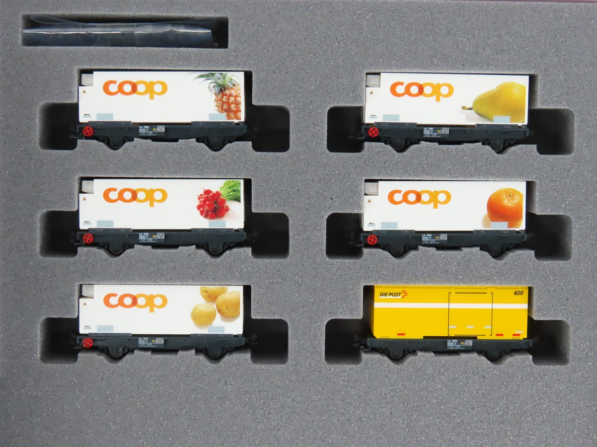 N Kato 10-1731 RhB Rhaetian Flat Cars 8-Unit Set w/ Mail &amp; Reefer Containers
