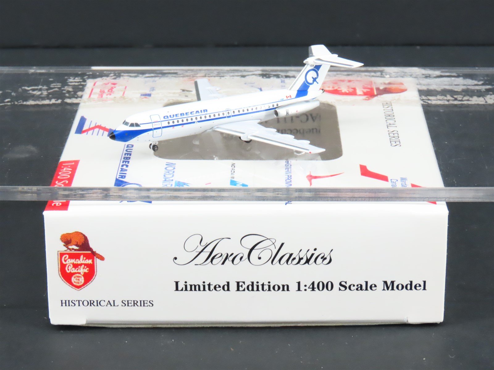 1:400 Scale AeroClassics Die-Cast Quebecair BAC-111-400 Airliner C-FQBR