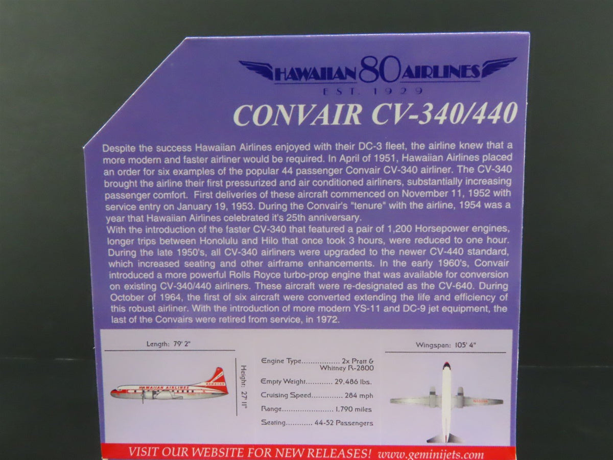 1:400 GeminiJets GJHAL947 Die-Cast Hawaiian Convair CV-340/440 Airliner N5509K