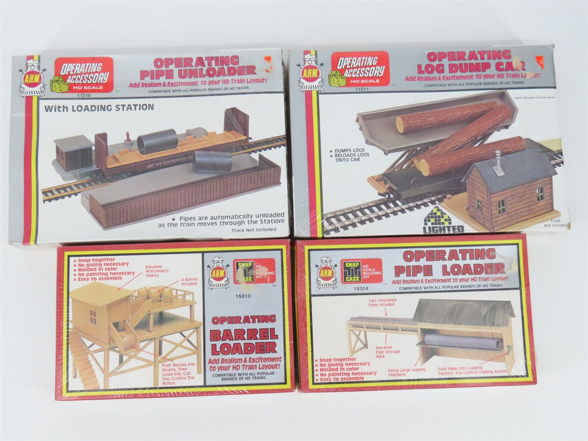 LOT of 4 HO Scale AHM Barrel Loader, Pipe Loader, Unloader &amp; Log Dump Car Kits