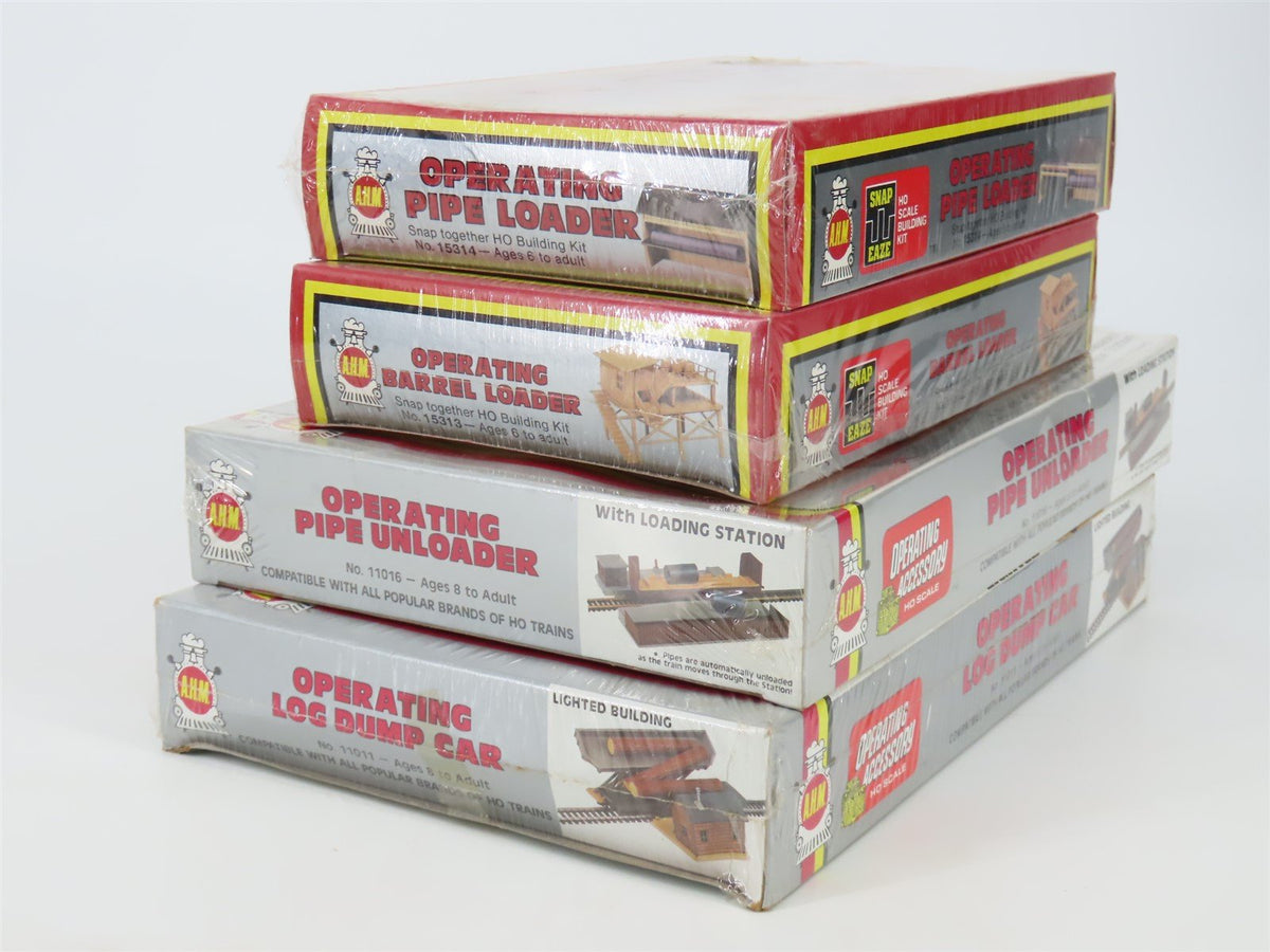 LOT of 4 HO Scale AHM Barrel Loader, Pipe Loader, Unloader &amp; Log Dump Car Kits