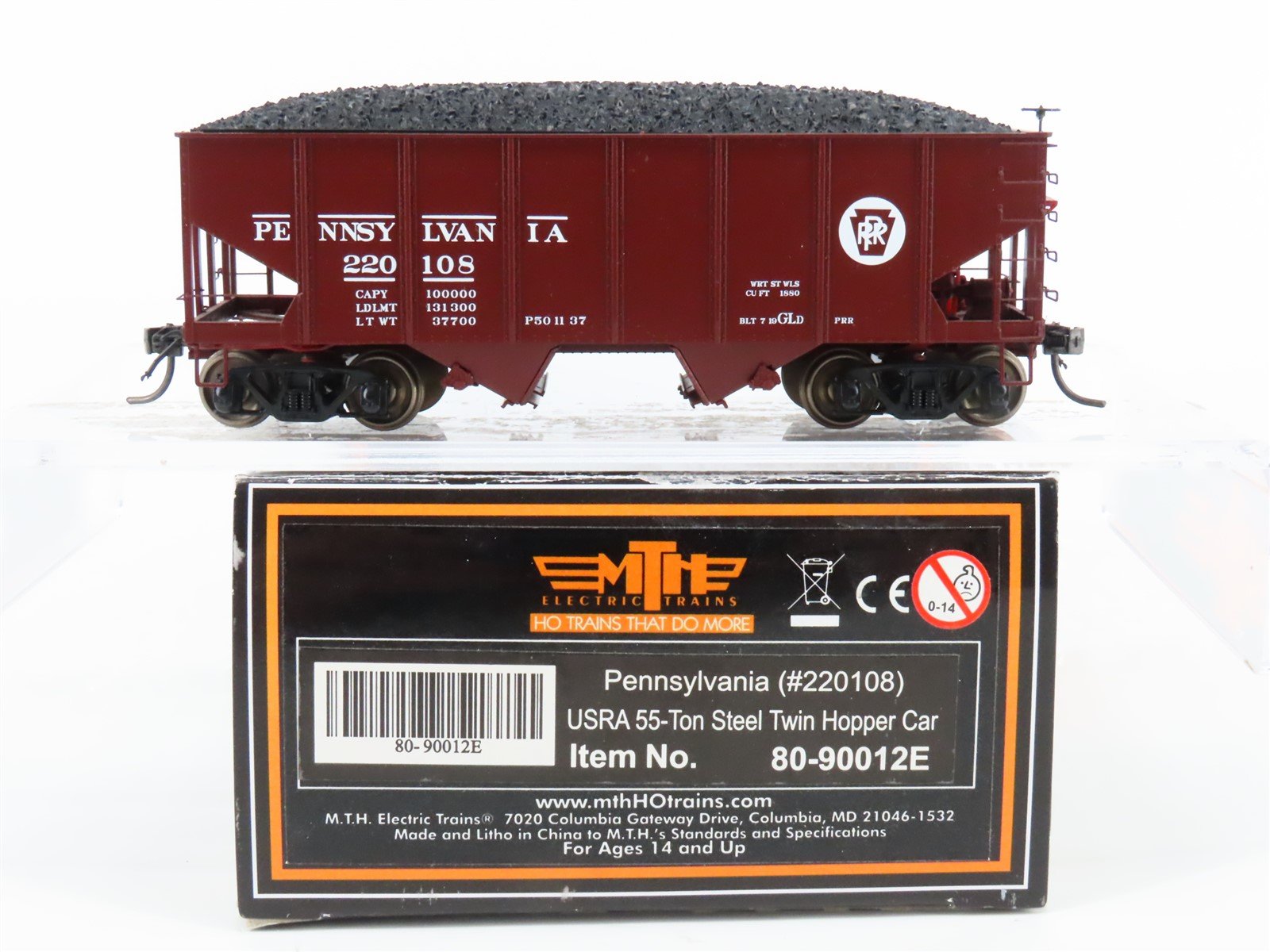 HO Scale MTH 80-90012E PRR Pennsylvania Railroad 2-Bay Hopper #220108 w/ Load