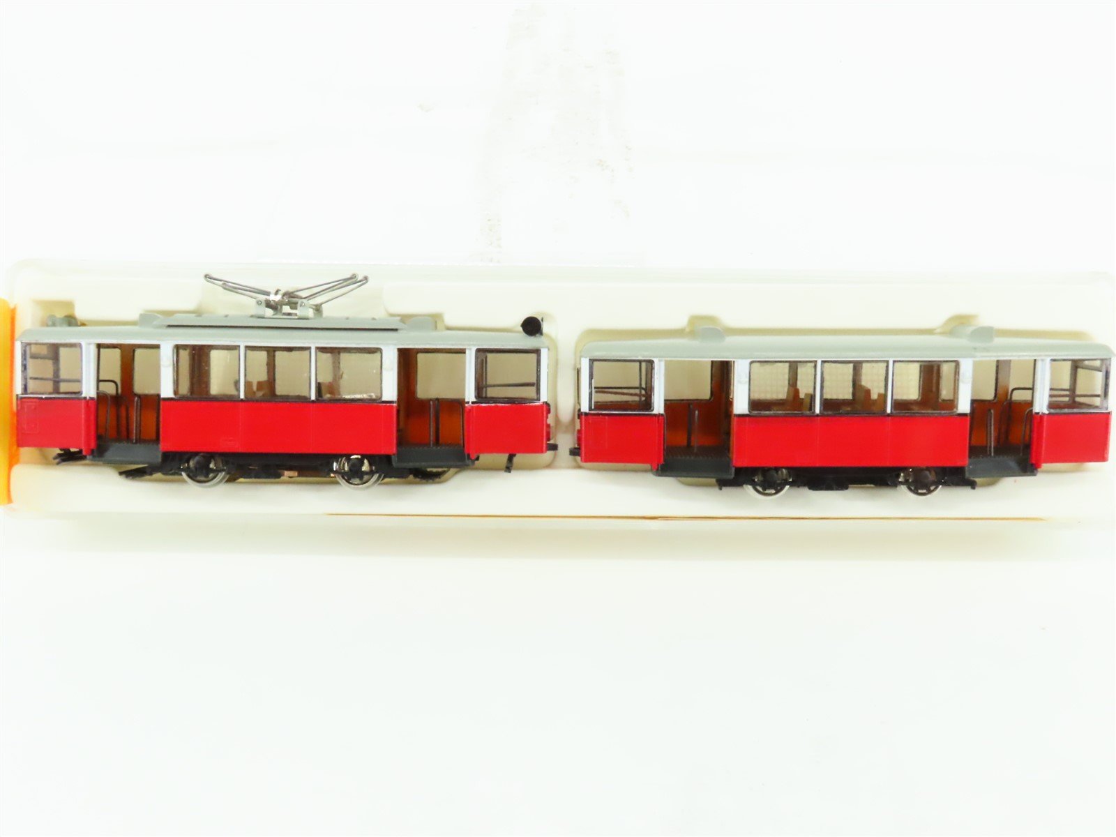 HO Scale Liliput 19000 Unlettered Red European Electric Trolley & Trailer Set