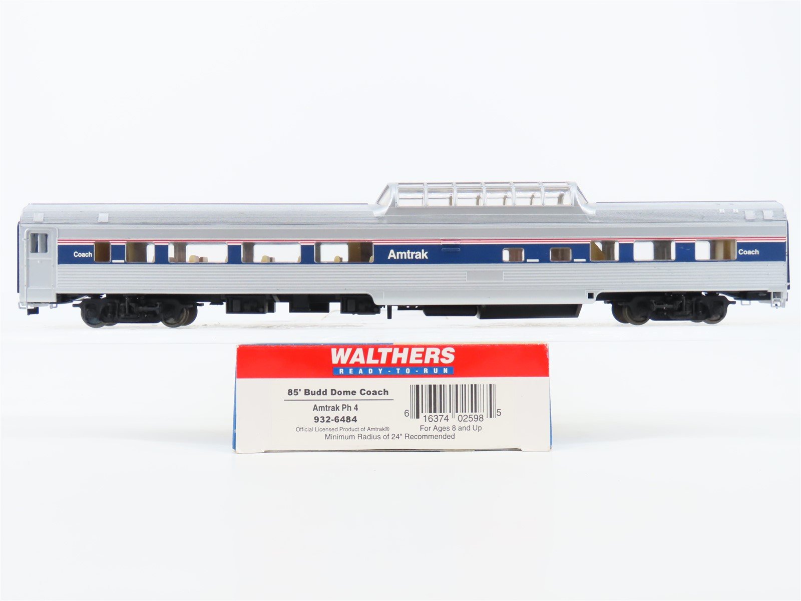 HO Scale Walthers 932-6484 AMTK Amtrak Ph 4 85' Budd Dome Coach Passenger Car