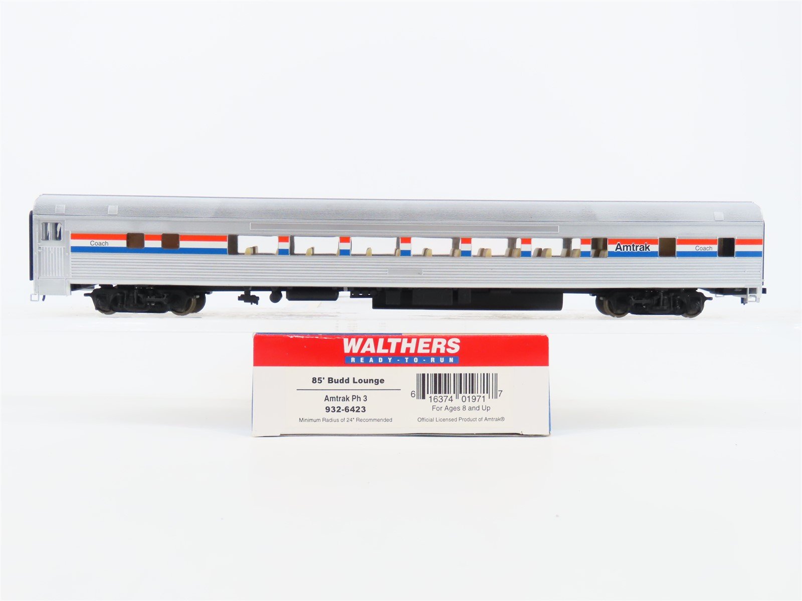 HO Scale Walthers 932-6423 AMTK Amtrak Phase 3 85' Budd Lounge Passenger Car