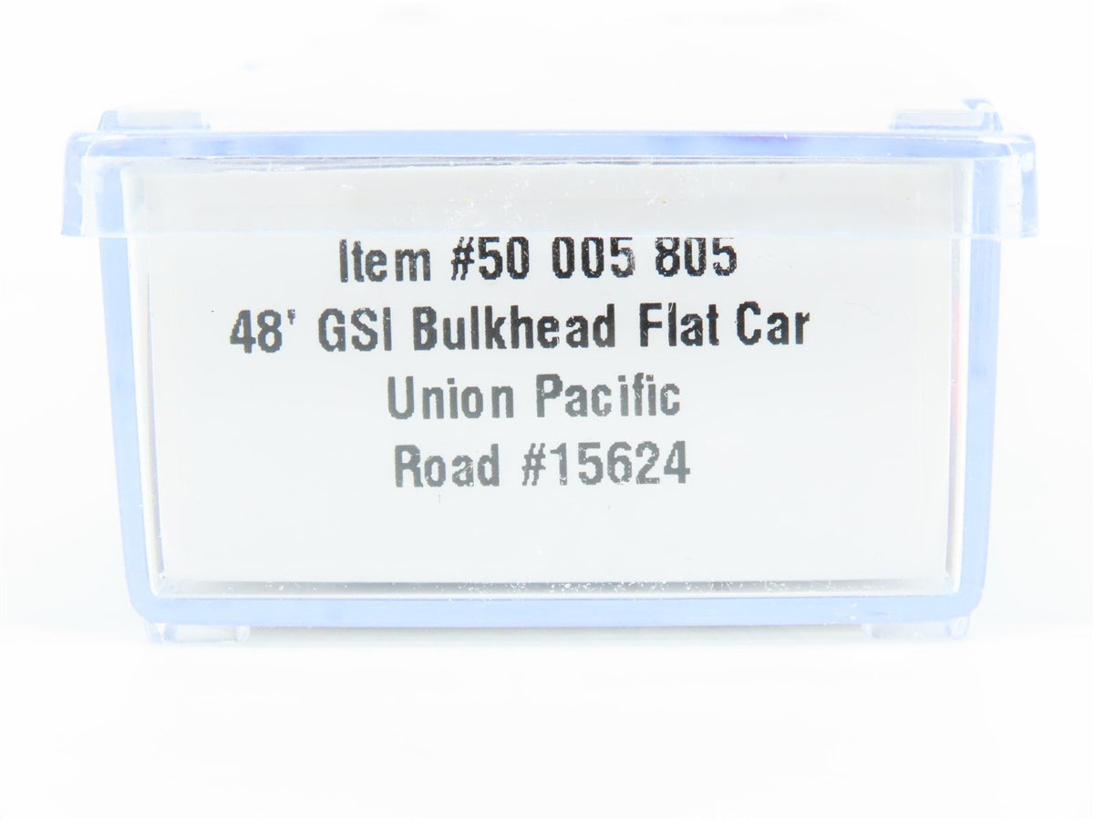 N Scale Atlas #50005805 UP Union Pacific 48&#39; GSI Bulkhead Flat Car #15624