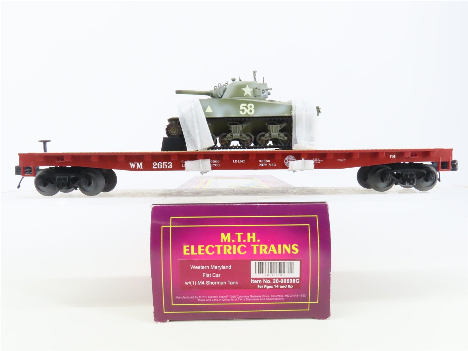 O Gauge 3-Rail MTH 20-90698G WM Western Maryland Flat Car #2653 w/ Sherman Tank