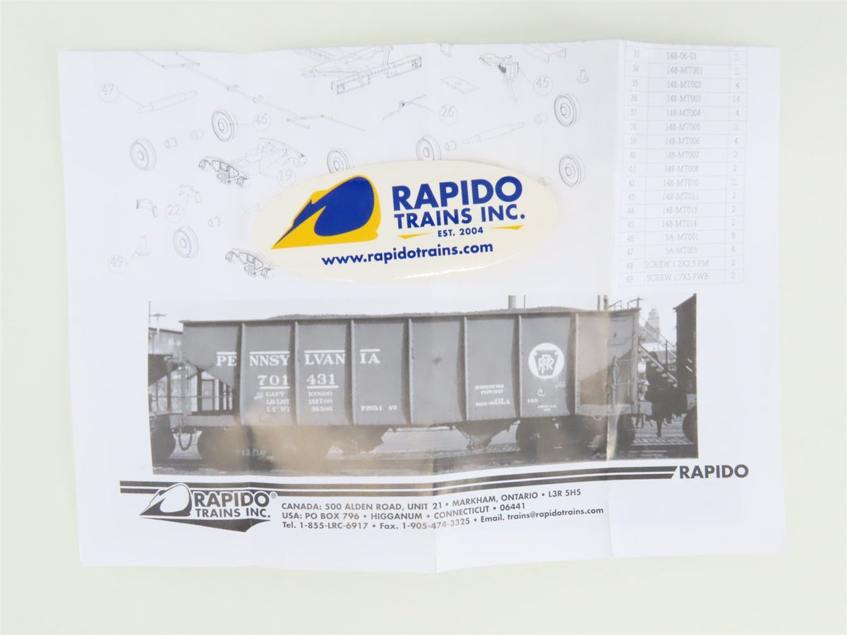 HO Scale Rapido 148002-2 PRR Pennsylvania Railroad 2-Bay Open Hopper #164438