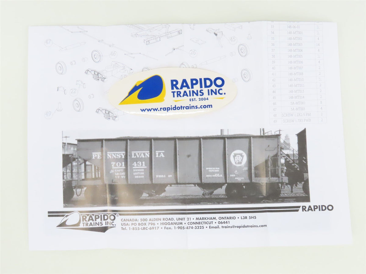 HO Scale Rapido 148002-6 PRR Pennsylvania Railroad 2-Bay Open Hopper #168912
