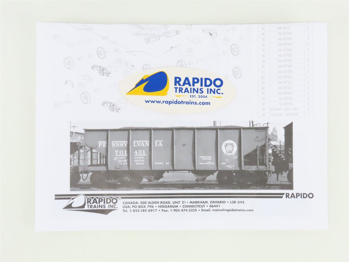 HO Scale Rapido 148002-3 PRR Pennsylvania Railroad 2-Bay Open Hopper #164584