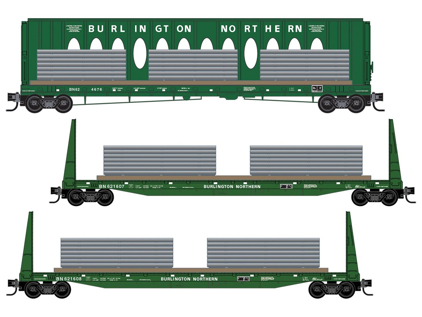 N Micro-Trains MTL 98302261 BN Burlington Northern Flat Cars 3-Pack w/Metal Load