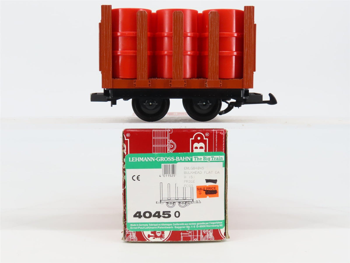 G Scale LGB 4045 Unlettered Stake Wagon Flatcar w/Shell Barrell Loads