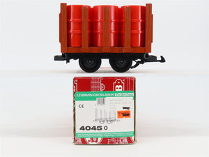 G Scale LGB 4045 Unlettered Stake Wagon Flatcar w/Shell Barrell Loads