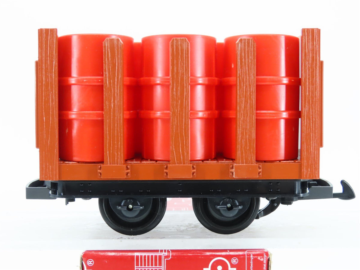 G Scale LGB 4045 Unlettered Stake Wagon Flatcar w/Shell Barrell Loads