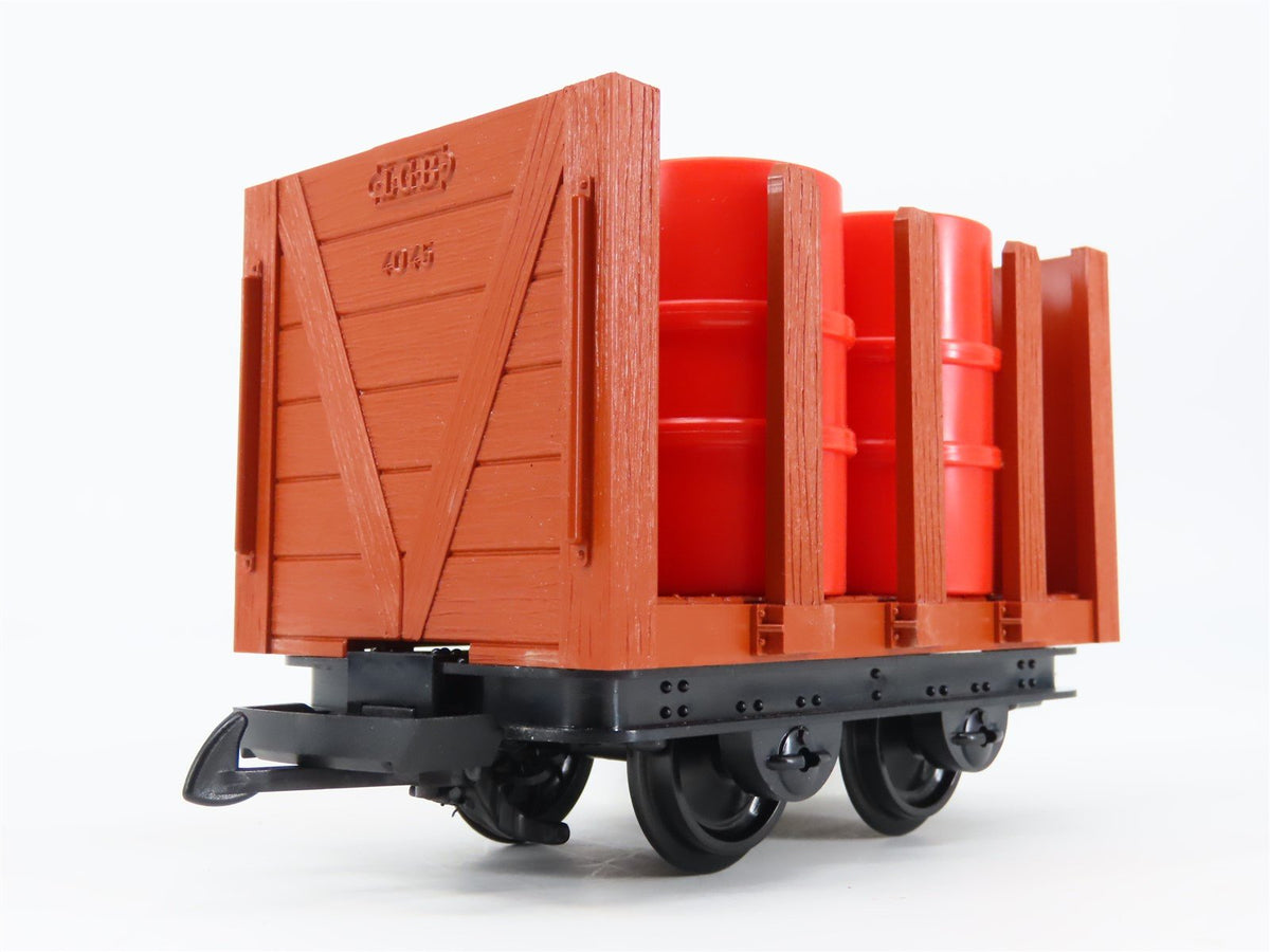G Scale LGB 4045 Unlettered Stake Wagon Flatcar w/Shell Barrell Loads