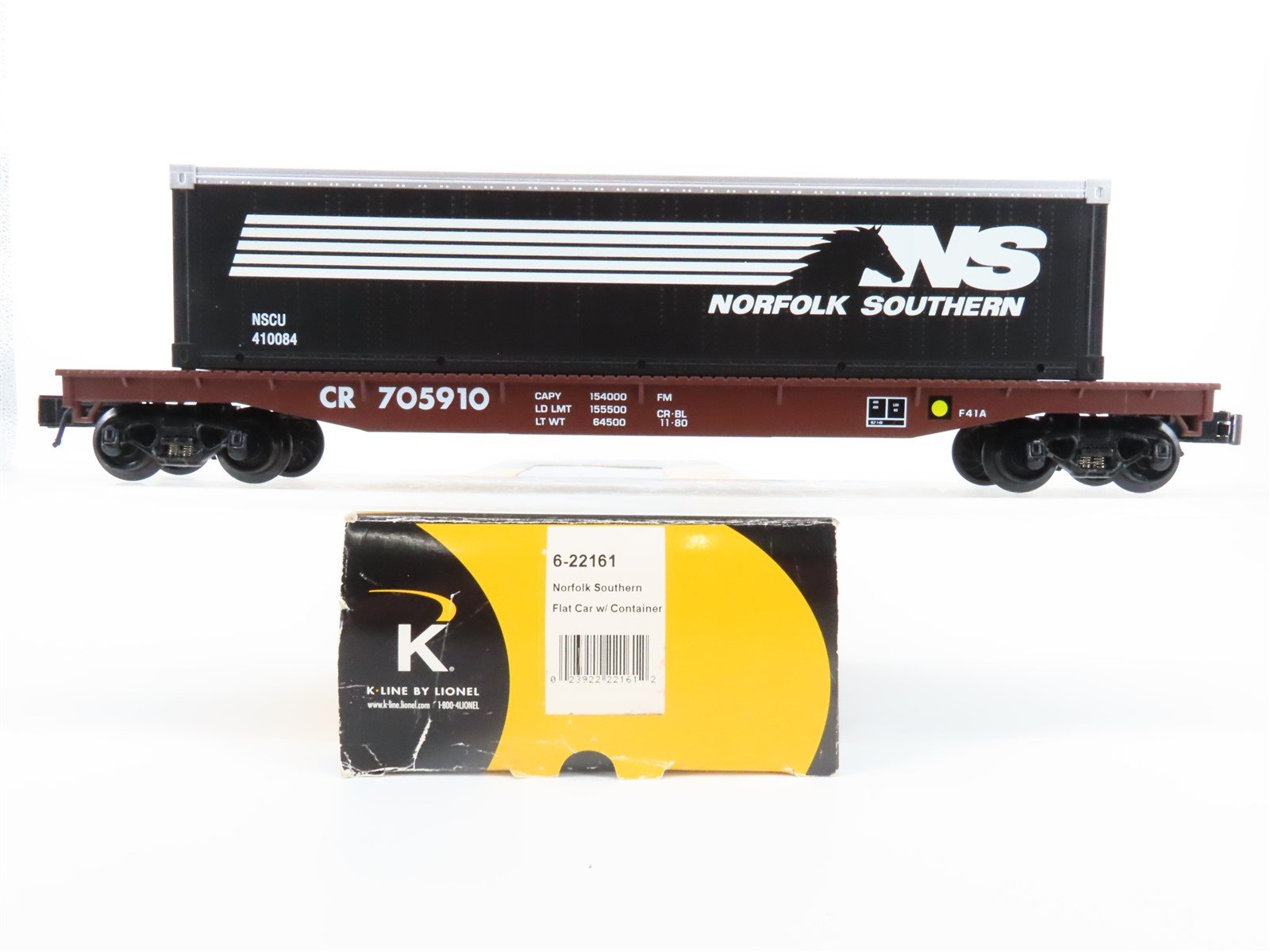 O Gauge 3-Rail K-Line 6-22161 NS Norfolk Southern Flatcar w/Container #705910