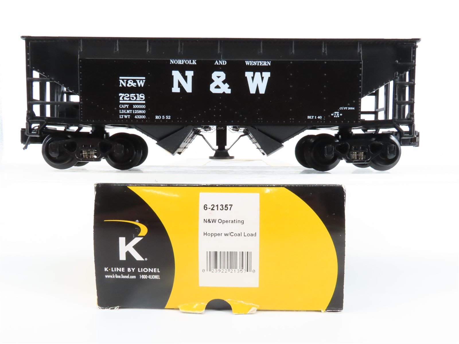 O Gauge 3-Rail K-Line 6-21357 N&W 2 Bay Operating Hopper w/Load #72518