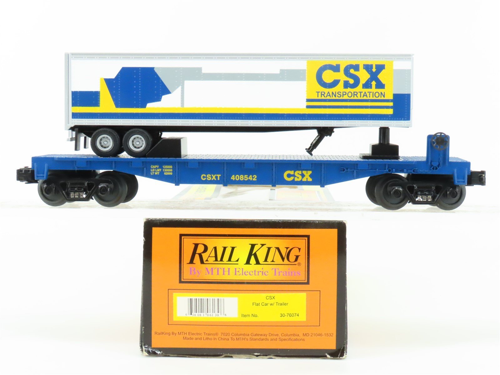 O Gauge 3-Rail MTH Rail King 30-76074 CSXT Flat Car #408542 w/ Trailer