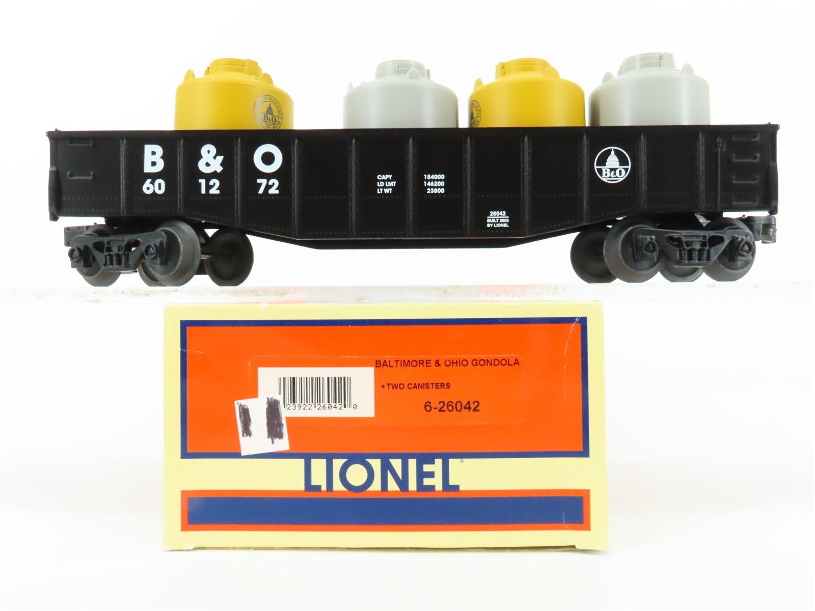 O Gauge 3-Rail Lionel 6-26042 B&O Baltimore & Ohio Gondola #601272 w/ Cannisters