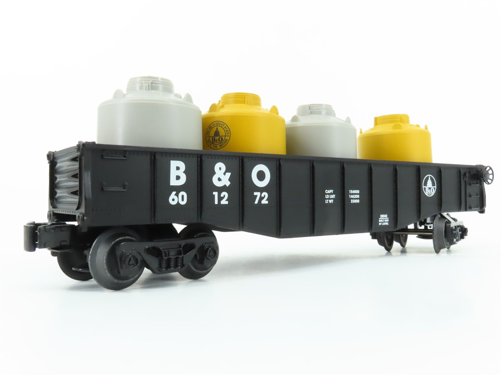 O Gauge 3-Rail Lionel 6-26042 B&O Baltimore & Ohio Gondola #601272 w/ Cannisters