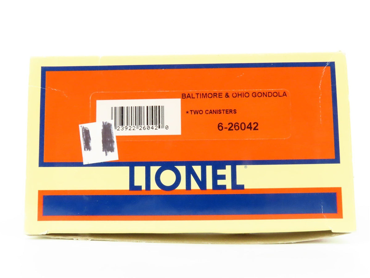 O Gauge 3-Rail Lionel 6-26042 B&amp;O Baltimore &amp; Ohio Gondola #601272 w/ Cannisters