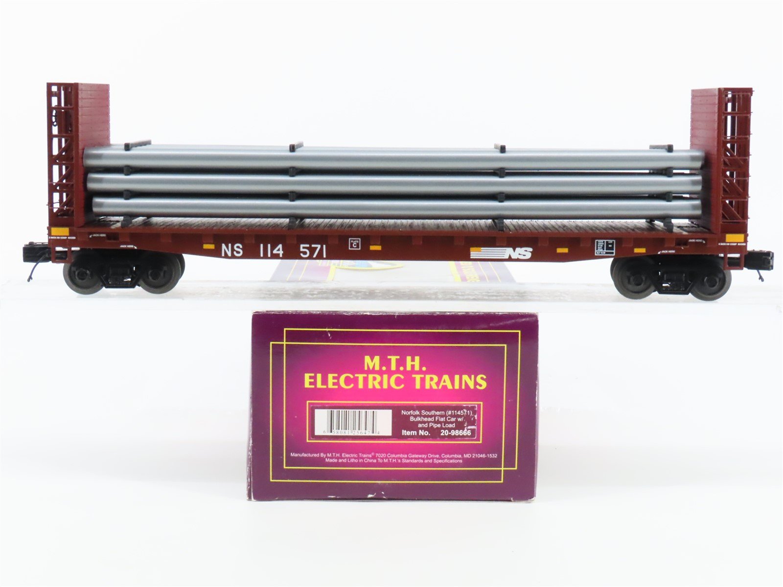 O Gauge 3-Rail MTH 20-98666 NS Norfolk Southern Flat Car #114571 w/ Pipe Load