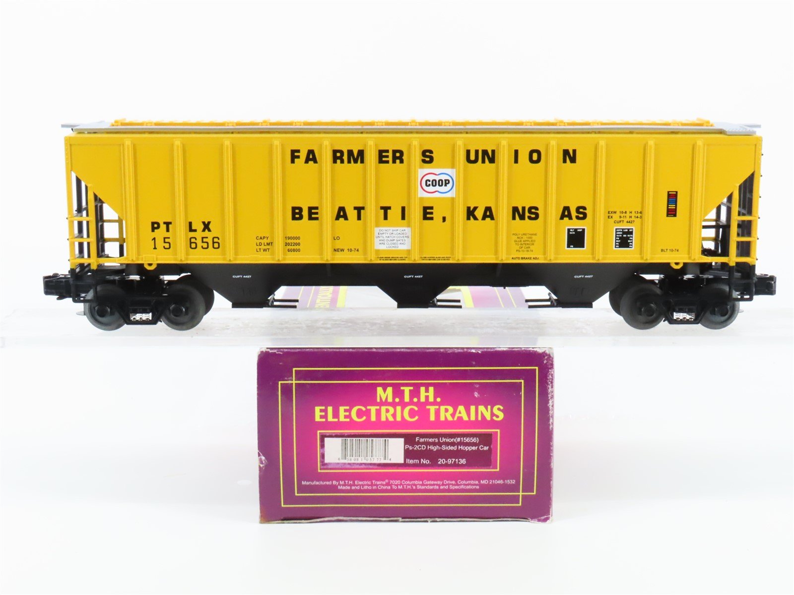 O Gauge 3-Rail MTH 20-97136 PTLX Farmers Union 3-Bay Covered Hopper #15656