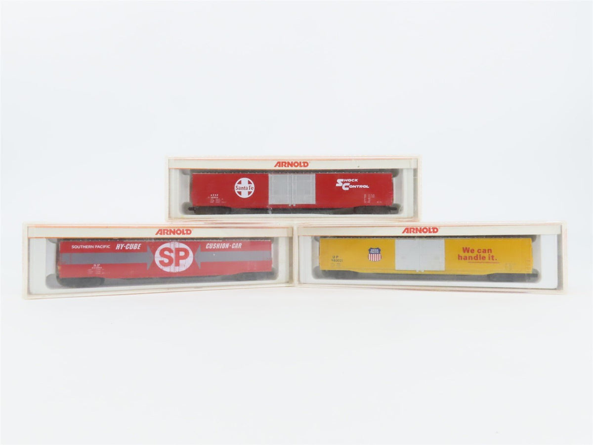 LOT of 3 N Scale Arnold UP, SP, ATSF Hy-Cube Double Door Box Cars