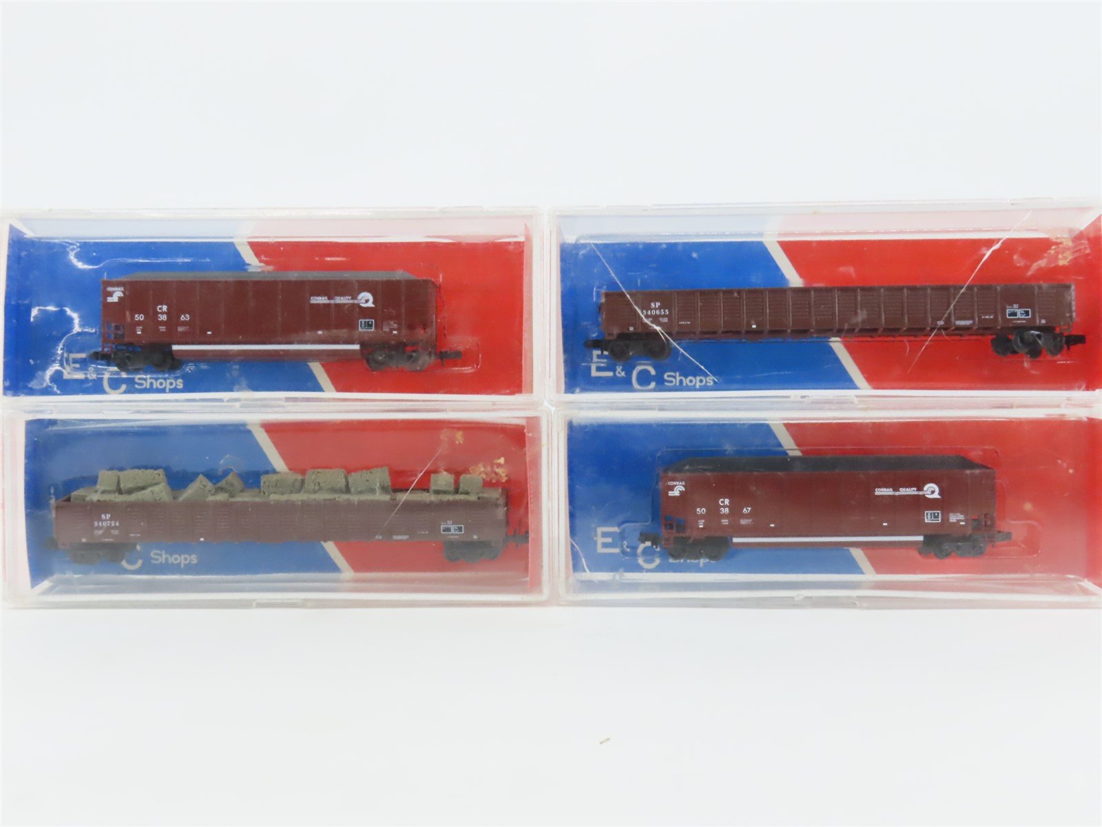 LOT of 4 N Scale E&C Shops CR Conrail & SP Southern Pacific Hoppers & Gondolas