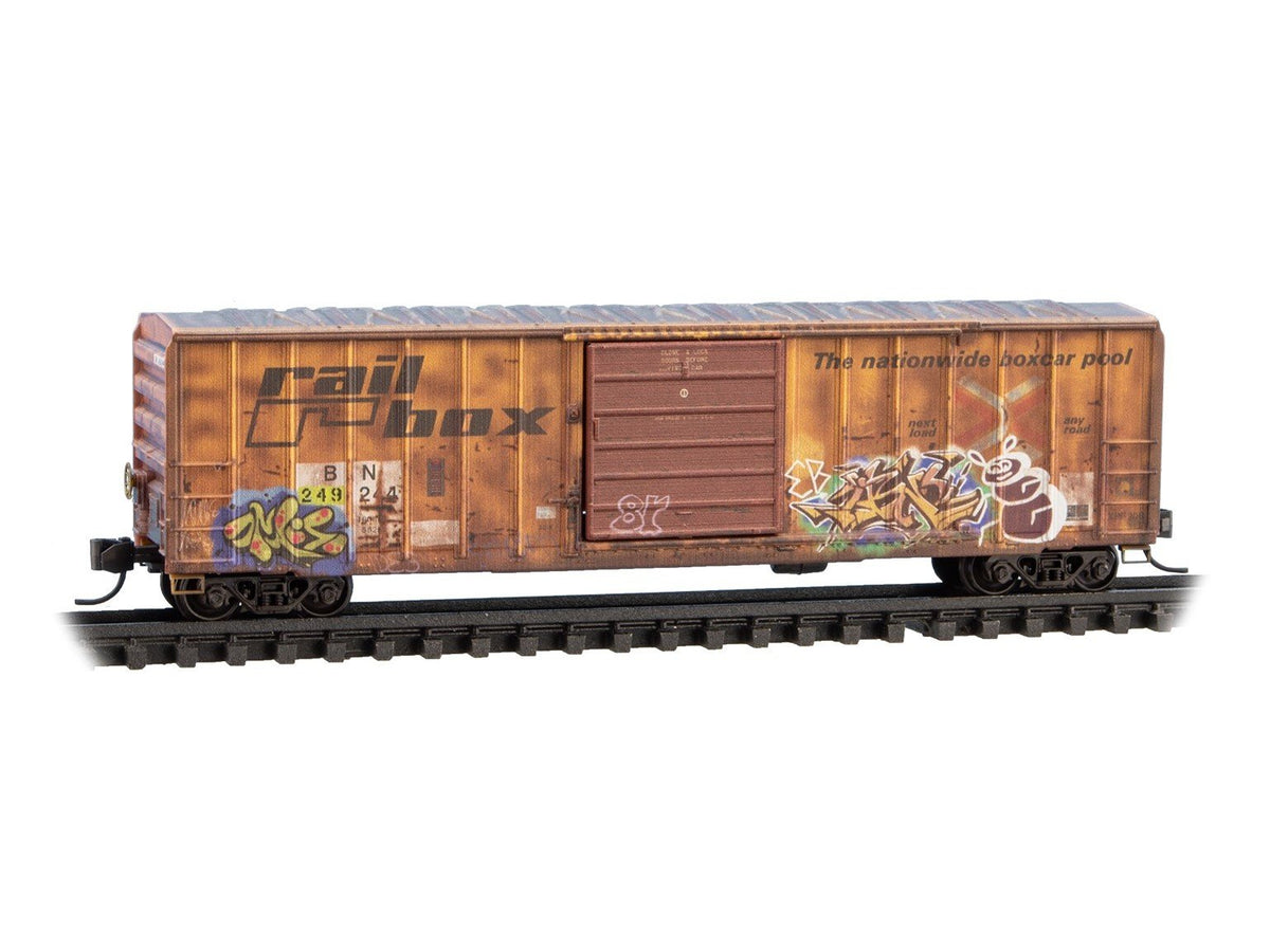 N Scale Micro-Trains MTL 02544436 BN/ex-Railbox 50&#39; Box Car #249244 w/ Graffiti