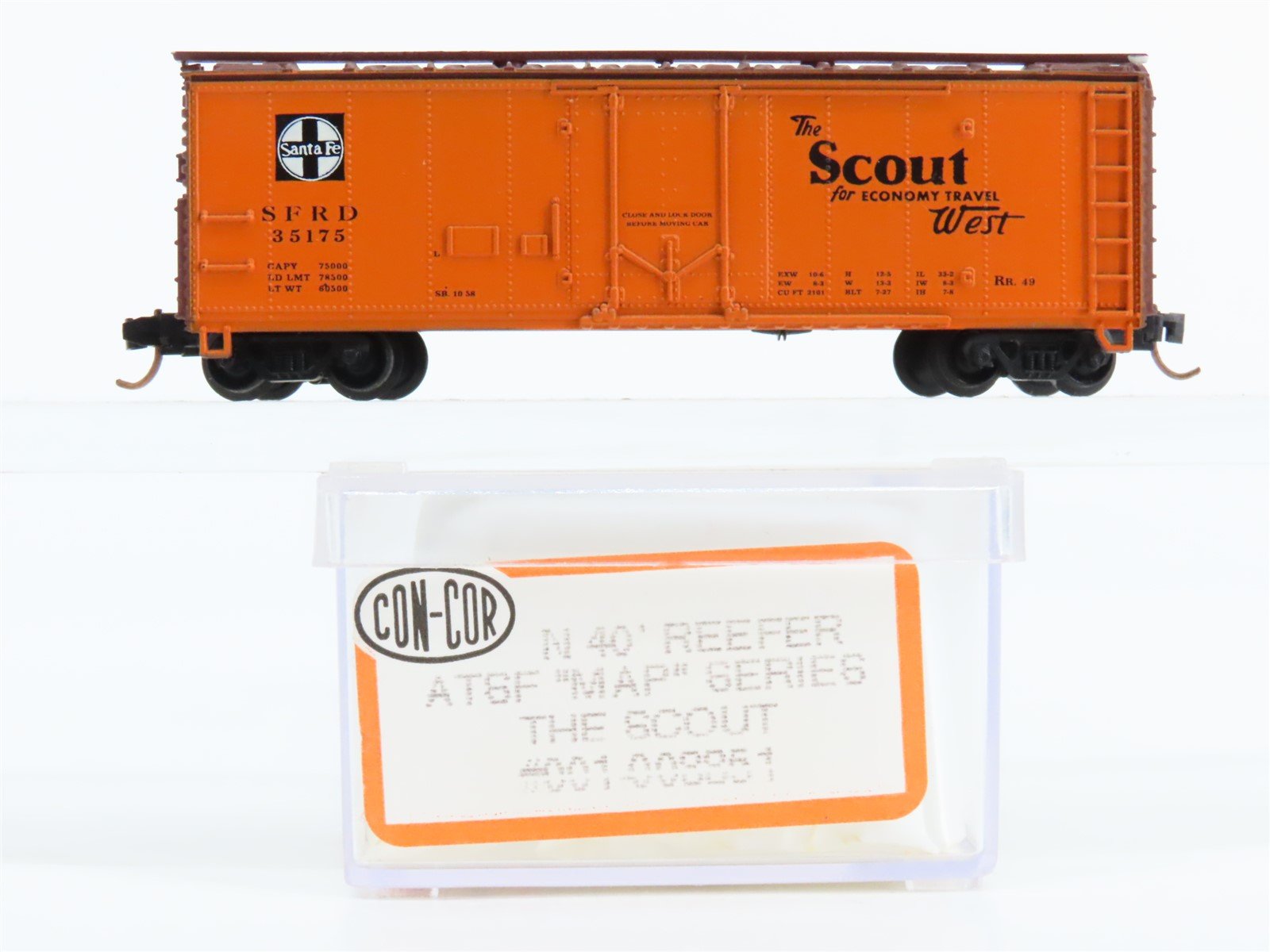 N Scale Con-Cor 001-008851 SFRD Santa Fe "Scout West" 40' Reefer #35175 w/ Map