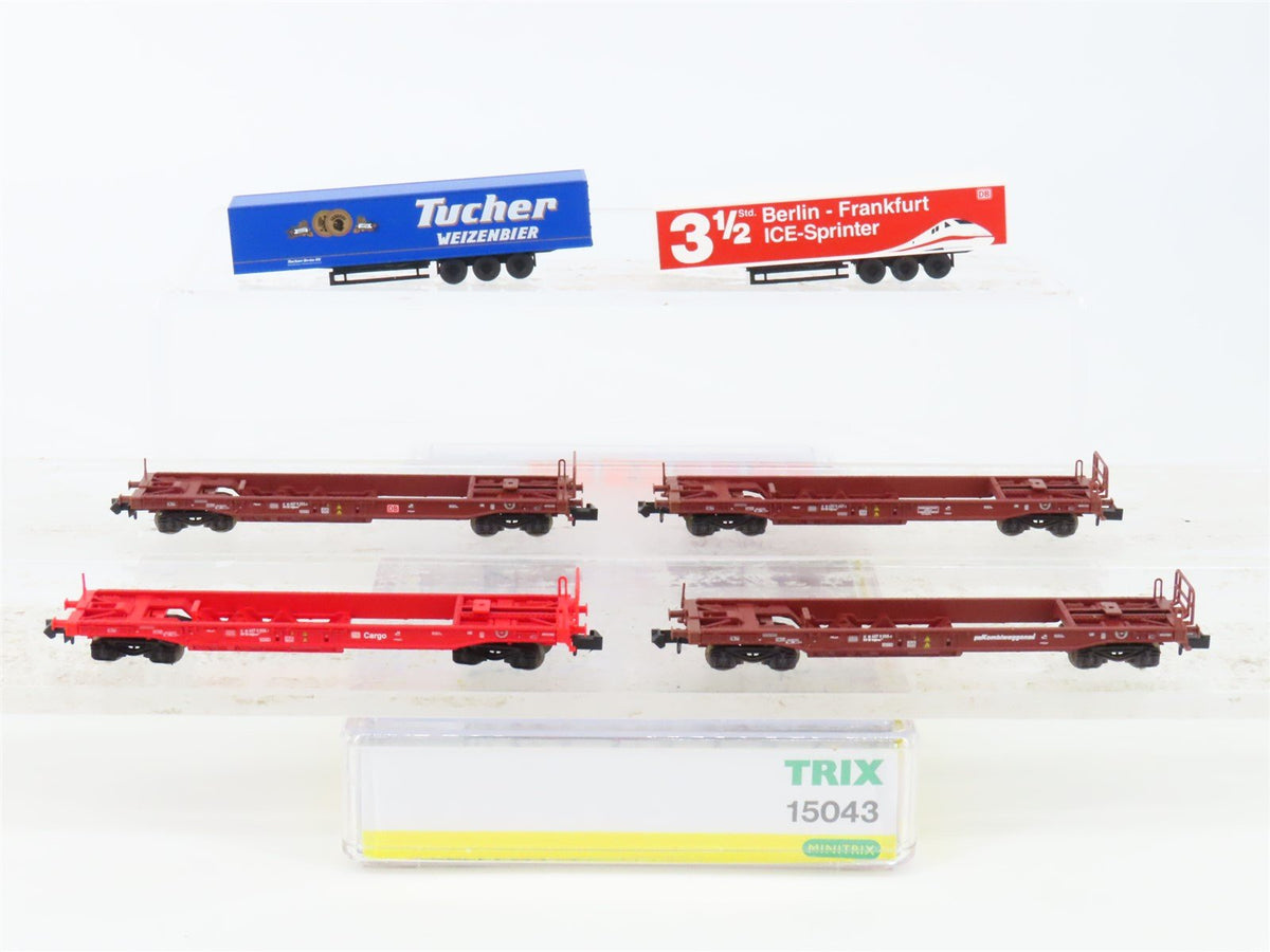 N Scale Trix 15043 DB Deutsche Bahn Flatcar 4-Pack w/Containers &amp; Trailers